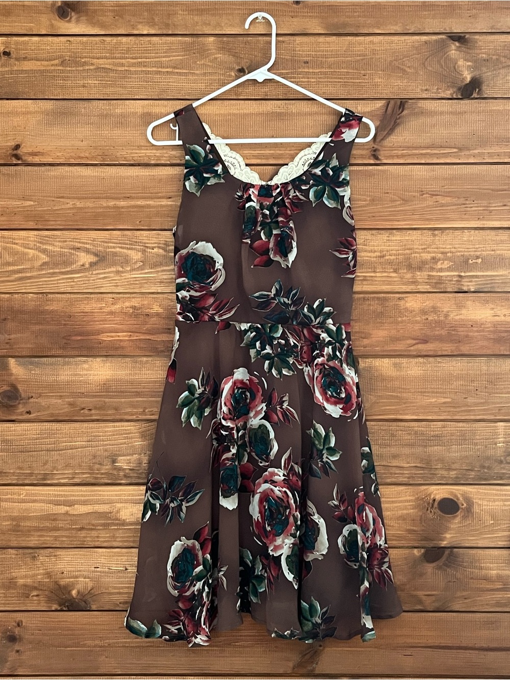 Women’s Brown Floral Lace-Trim A-Line Dress